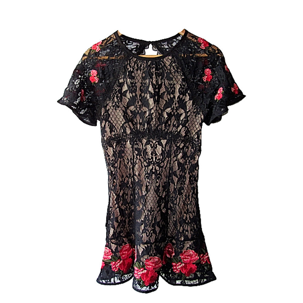 Foxiedox Size S Black Lace Floral Rose Open Back Peplum Dress